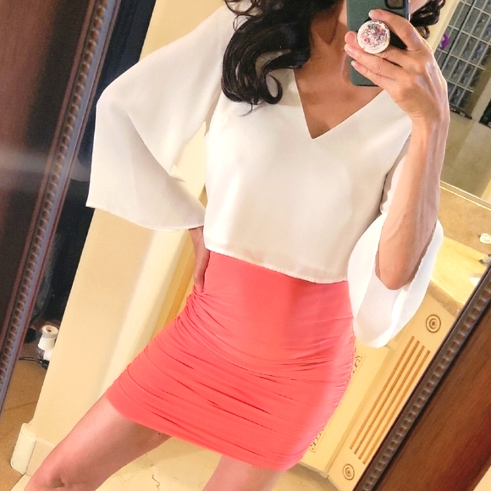 PrettyLittleThing Coral Strapless Ruched Top or Skirt, Sz 6